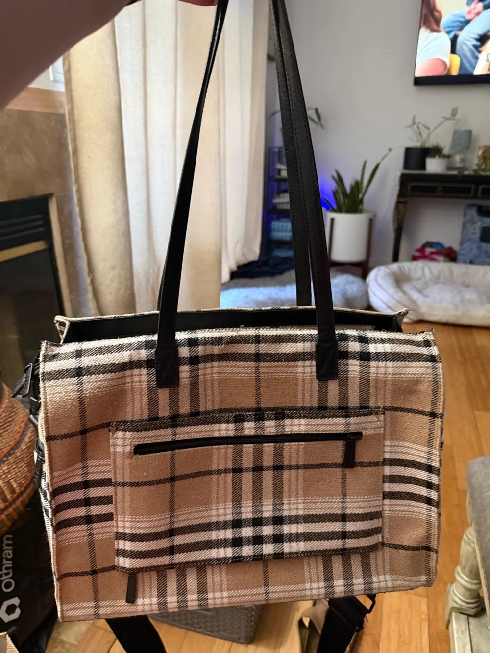 BEIS Plaid Tote with Black Leather Straps